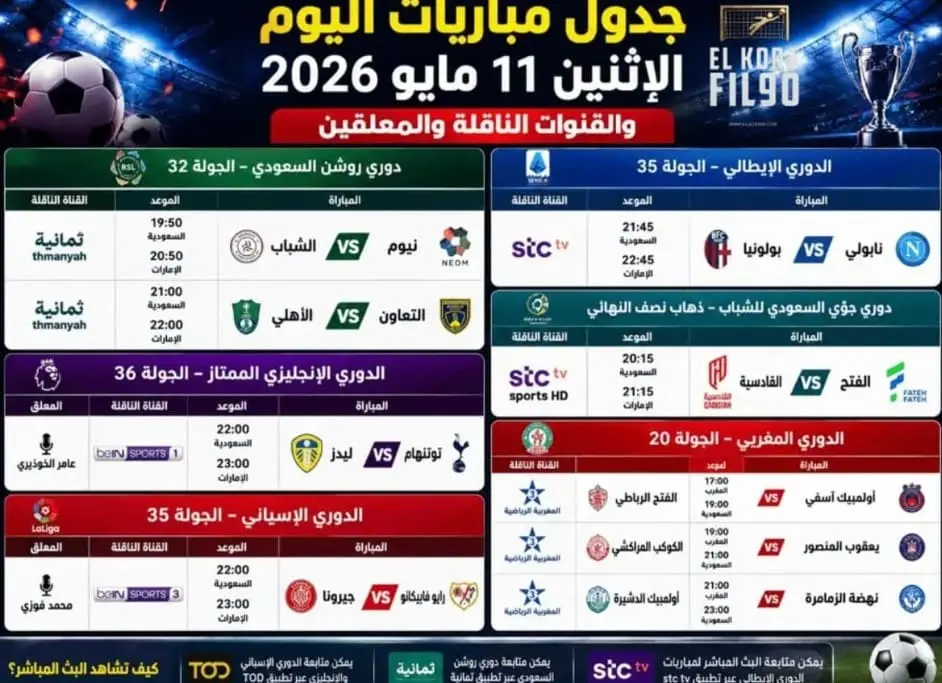 جدول مباريات اليوم الإثنين 11 مايو 2026 والقنوات الناقلة والمعلقين